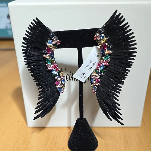 Black Wing Earrings with Multicolored Gems - Picture 5 of 8